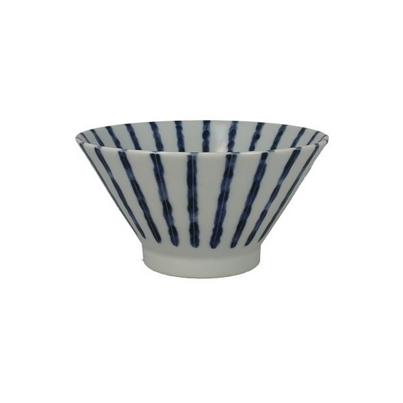 Ciotola conica bianca a strisce blu in ceramica di artigianato giapponese, utilizzabile in lavastoviglie e microonde